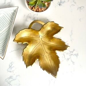 Decorative Metal Maple Leaf Gold Brass Color Tray Vintage Style Trinket MCM